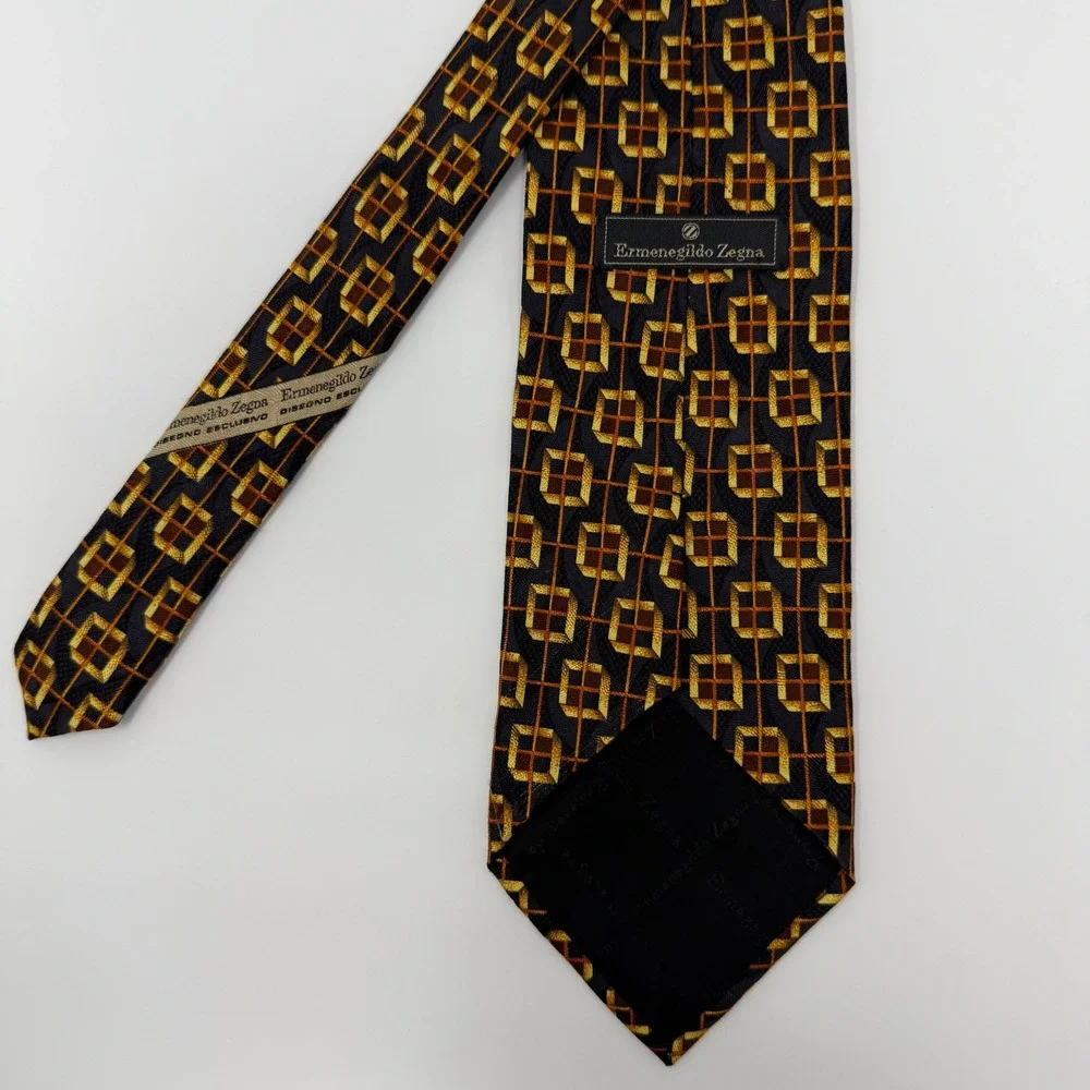 Ermenegildo Zegna Necktie Silk Black Gold‎ Geometric Box Pattern Men's